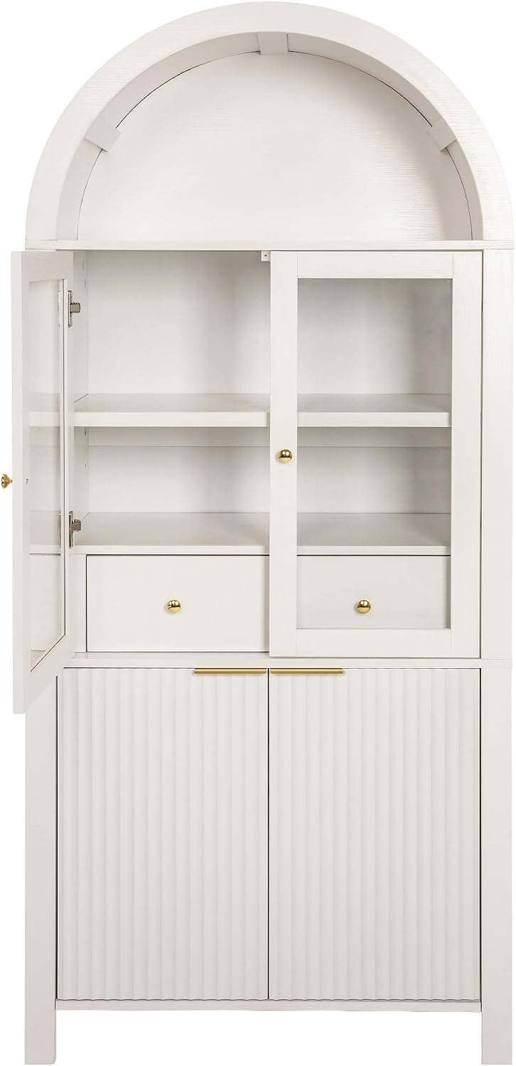 Fluted Tall Pantry Cabinet with Glass Door & Adjustable Shelves for Kitch...