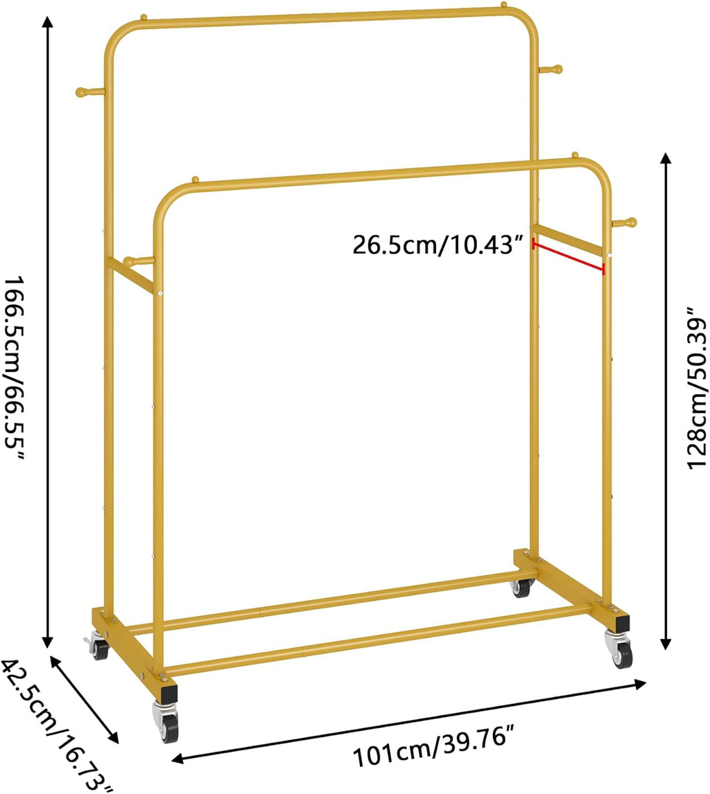 Laiensia Double Rods Garment Rack with Wheels, Clothing Rack for Hanging Clothes,4 Hooks, Multi-functional Bedroom Clothes Rack, Gold