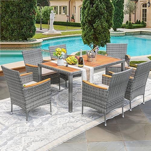 Devoko 7 PCS Acacia Wood Patio Dining Set, Gray Rattan