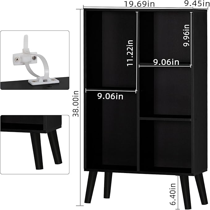 YAHARBO Small Black Narrow Bookshelf,3 Tier Modern Bookcase with Legs,Bookshe...