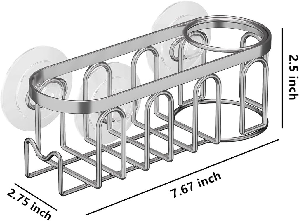 Sink Caddy Sponge Holder for Kitchen Sink 2 Suspension Options(Suction Cups and Adhesive Hook), SUS304 Stainless Steel, Silver