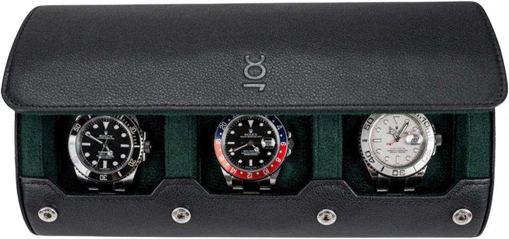 DailyWatch | Watch Roll Travel Case For 3 Watch | Luxury Watch Case In Genuine Black Leather With Soft Velvet Interior | Watch Case Protect, Store, & Display Your Watches | Black Green