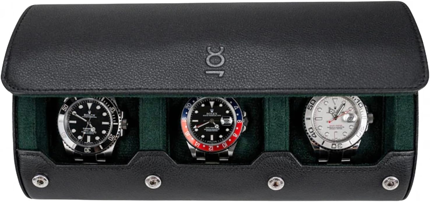 DailyWatch | Watch Roll Travel Case For 3 Watch | Luxury Watch Case In Genuine Black Leather With Soft Velvet Interior | Watch Case Protect, Store, & Display Your Watches | Black Green