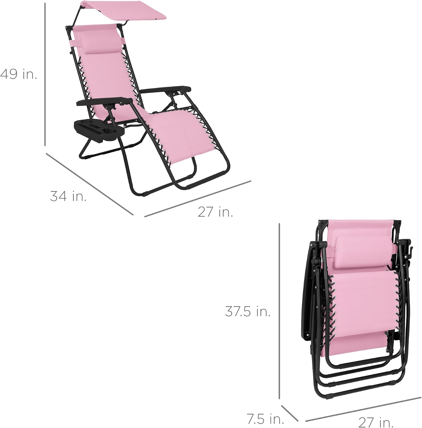 Best Choice Products Folding Zero Gravity Outdoor Recliner Patio Lounge Chair w/Adjustable Canopy Shade, Headrest, Side Accessory Tray, Textilene Mesh - Bubblegum Pink