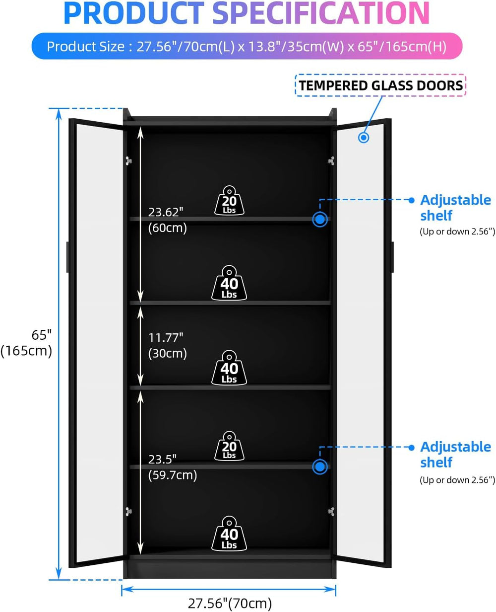 Dystler 65" Display Cabinet with Glass Doors, 5-Tier Curio Cabinet with ...