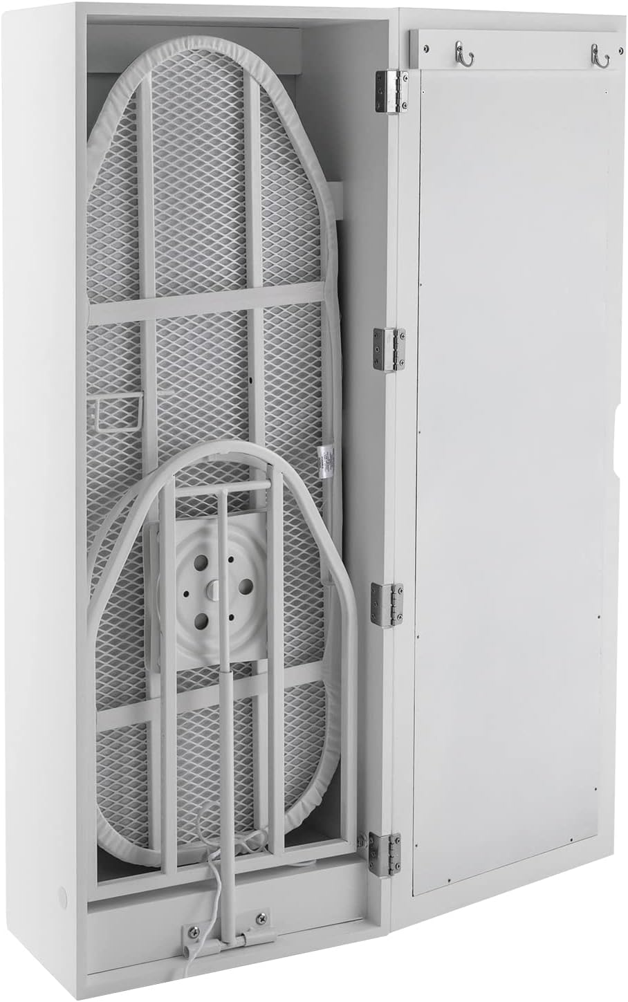 Wall Mounted Ironing Board Cabinet with Storage and Miror Door, 180° Swivel Ironing Boards with Garment Hooks, Foldable Ironing Storage Station for Home, Laundry Room, White