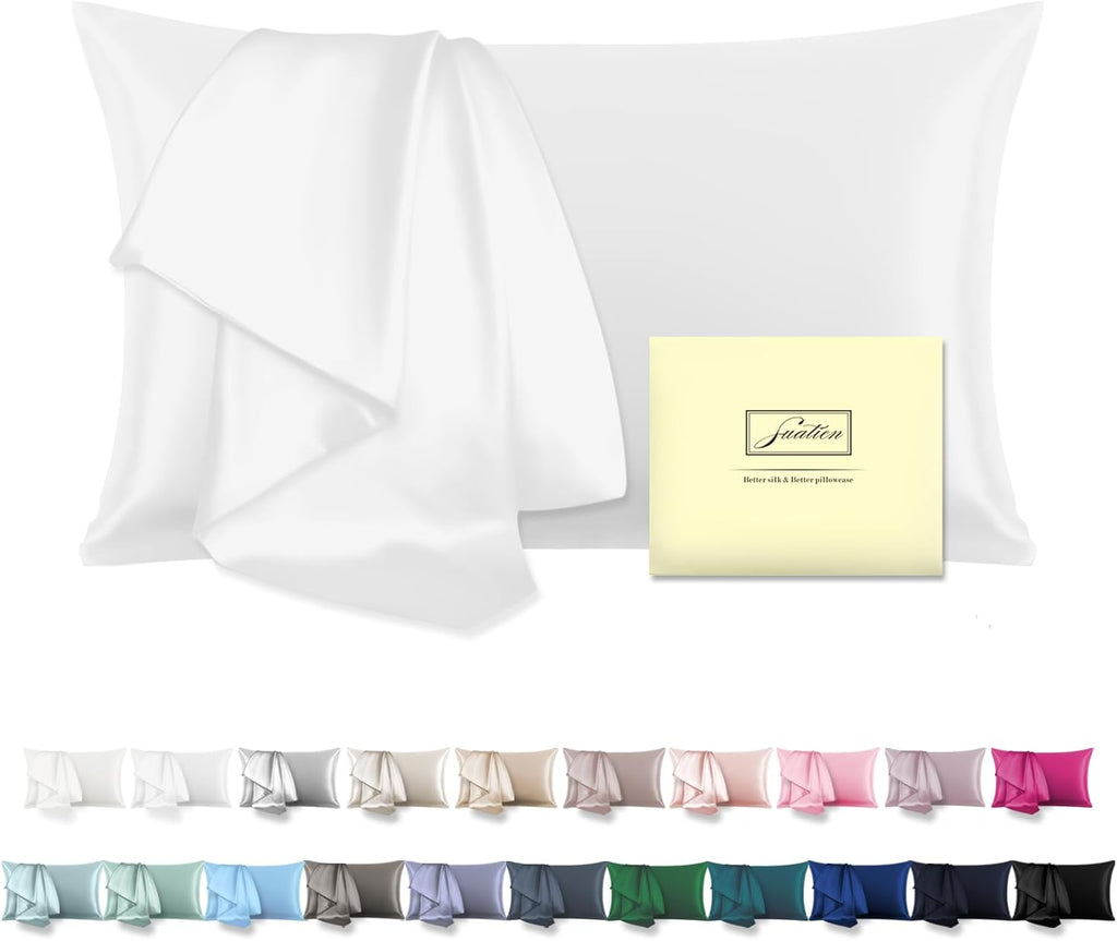 Natural Mulberry Silk Pillowcase for Hair and Skin Queen Size 20"X30" Silk Pillow Case with Hidden Zipper Soft Breathable Smooth Cooling Silk Pillow Covers for Sleeping(White,Queen,1Pcs)