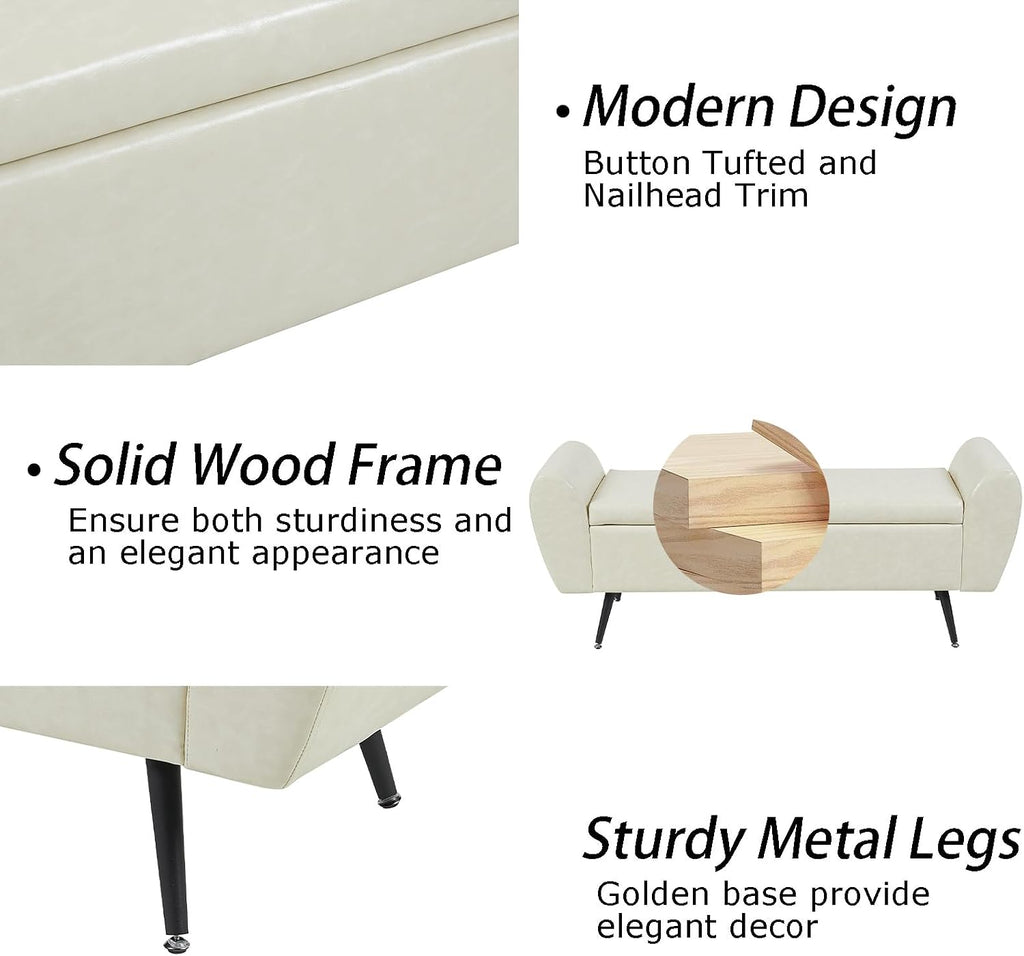 56" Faux Leather Storage Bench for Bedroom King Size Bed, Beige | Long Ottoman, Modern End of Bed Bench, with Arm, Upholstered, For Bedroom/Living Room/Window/Entryway
