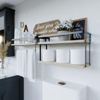 RICHER HOUSE 2+1 Tier Wall Mounted Floating Shelves Set of 2, Rustic Wood Wall Shelf with Metal Frame, Extra Storage Rack for Bathroom, Kitchen, Bedroom with Tissue Rack & Towel Bar - Rustic Wood