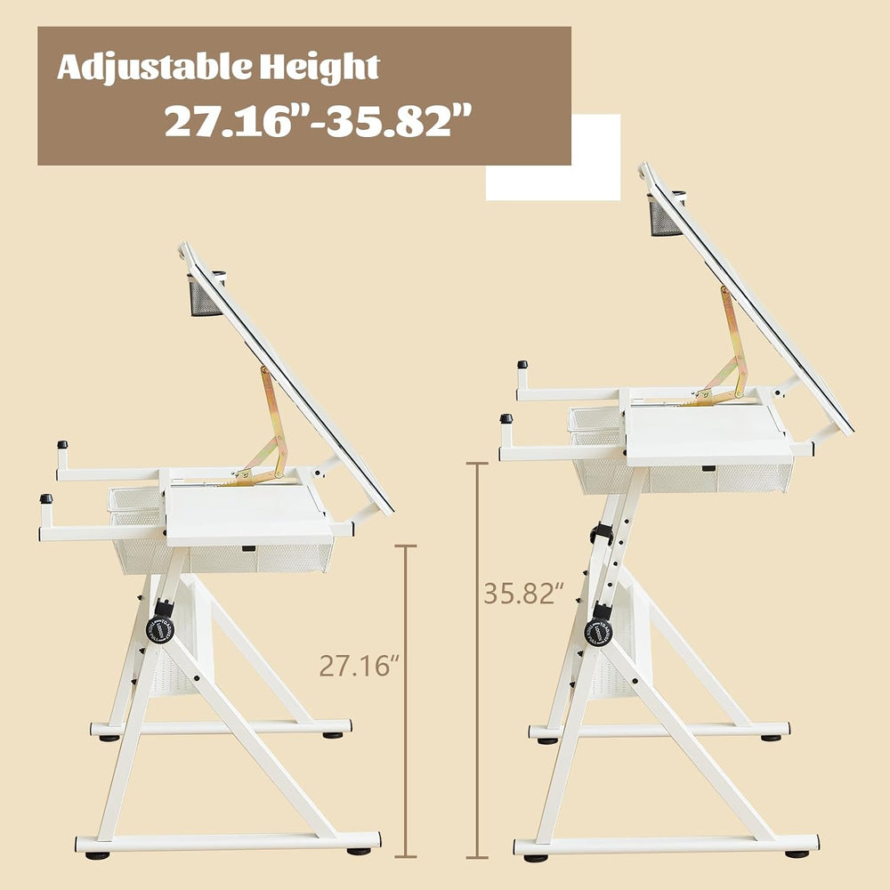Height Adjustable Drafting Table Desk w/Stool, Tempered Glass Top | Art Craft...