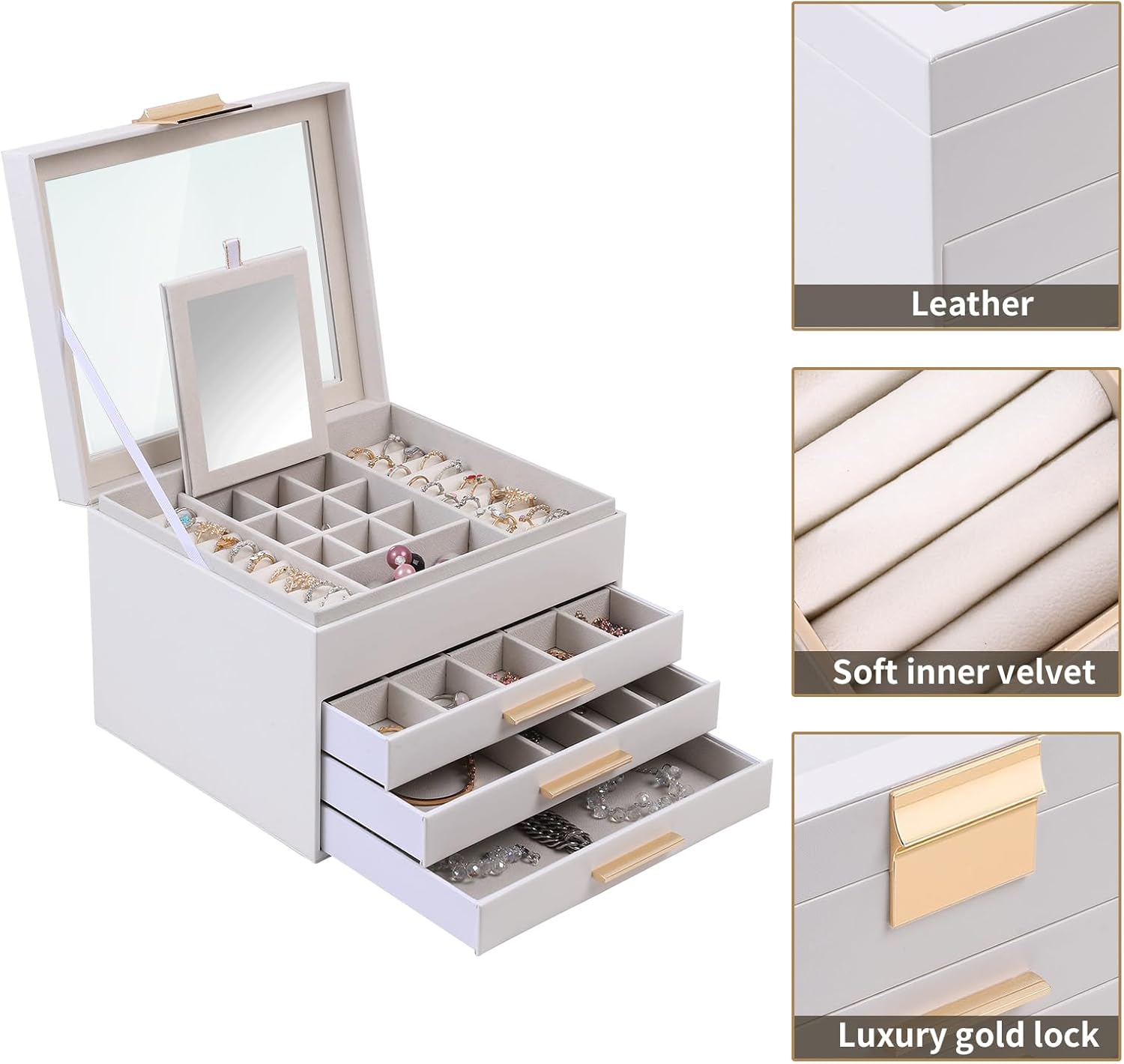 BOOVO Clear Lid Jewelry Box,4 Layers Jewelry Organizer Large Jewelry Storage Box with 3 Drawers,Jewelry Holder Organzier of Rings Earrings Necklace Bracelets for Women (White, 4 Layer)