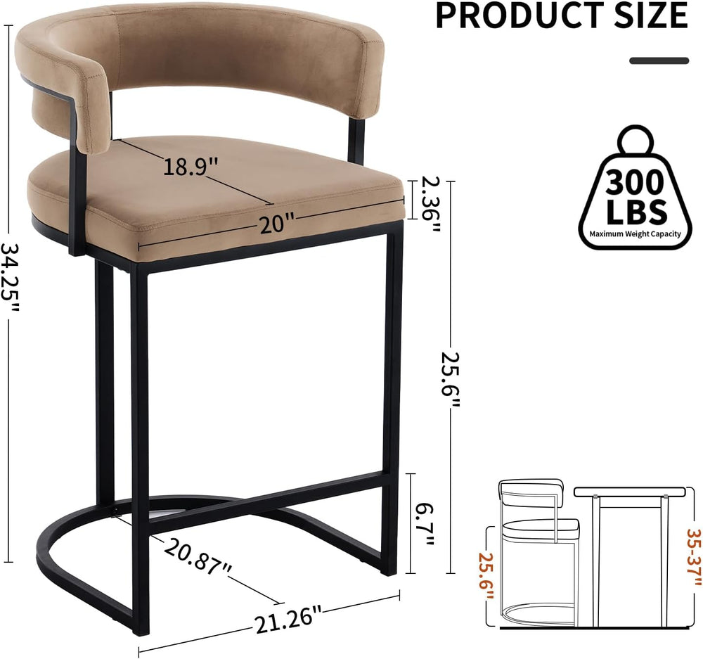 Set of 2 Brown Modern Velvet Bar Stools with Barrel Backrest, Upholstered Sea...