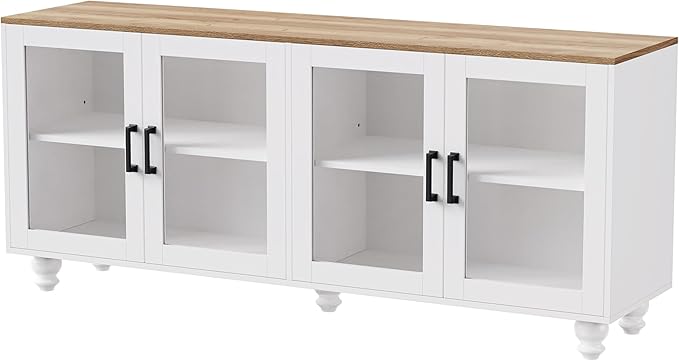 Ball & Cast Farmhouse TV Stand with Tempered Glass Doors for TVs up to 70",Sideboard Buffet w/5 Solid Wood Gourd-Shaped Legs & Adjustable Shelf,Entertainment Center for Living Room,White+Natural