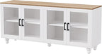 Ball & Cast Farmhouse TV Stand with Tempered Glass Doors for TVs up to 70",Sideboard Buffet w/5 Solid Wood Gourd-Shaped Legs & Adjustable Shelf,Entertainment Center for Living Room,White+Natural