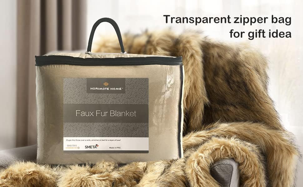 Luxury Plush Faux Fur Throw Blanket, Long Pile Golden Yellow with Black Tippe...