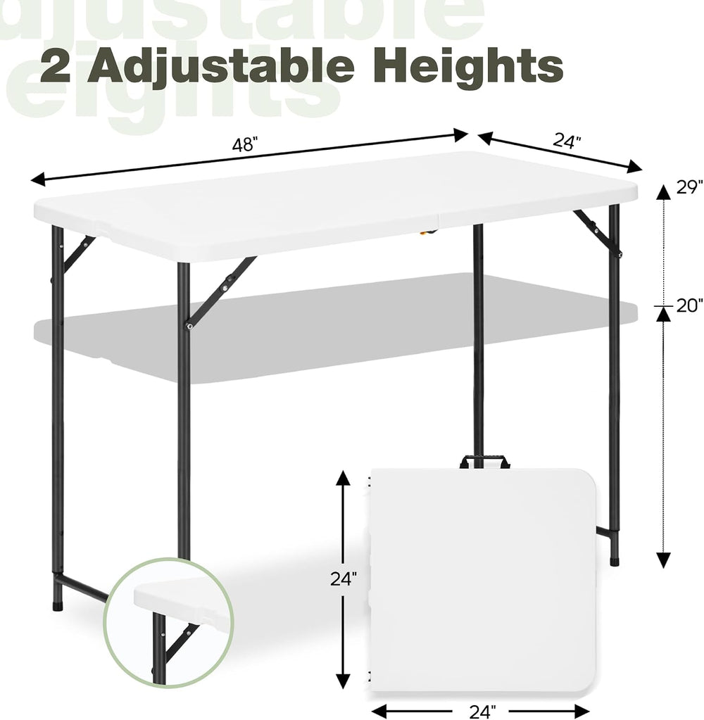 4ft Folding Table with Adjustable Height, 2-Level Foldable Table with HDPE To...