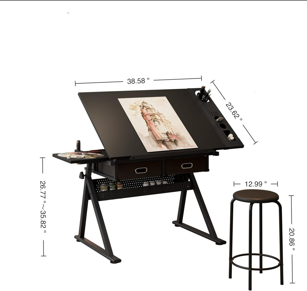 Adjustable Drafting Table Desk with Storage, 2 Drawers, Tilting | MDF tilting...