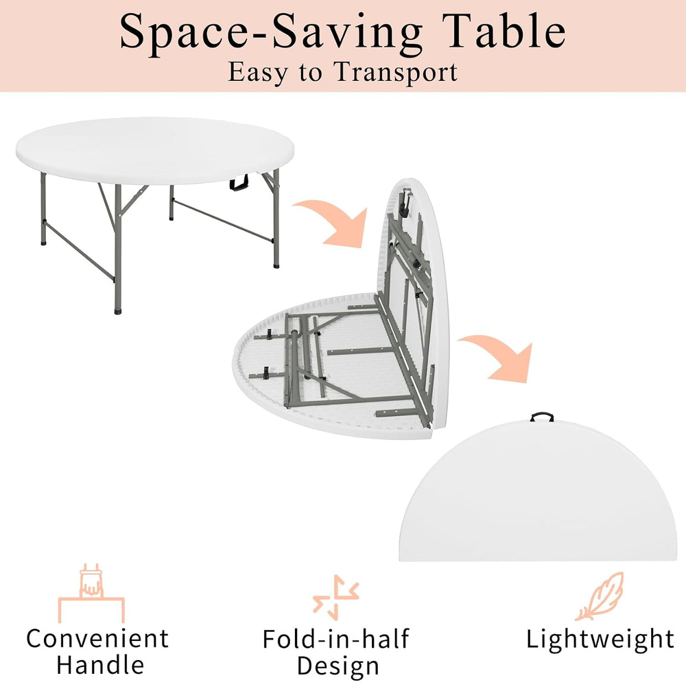 4 FT Round Folding Tables with Carrying Handle Lightweight Portable Plastic C...