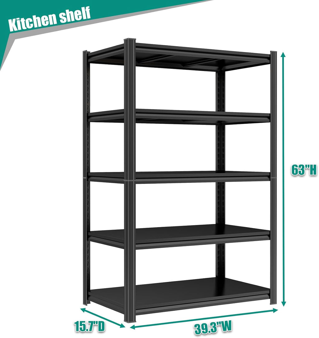 Kitchen Shelf 5 Tier Storage Shelves Adjustable Garage Shelving Unit 2500LBS Metal Shelving Heavy Duty for Industrial, Warehouse, Basement, Commercial, Black