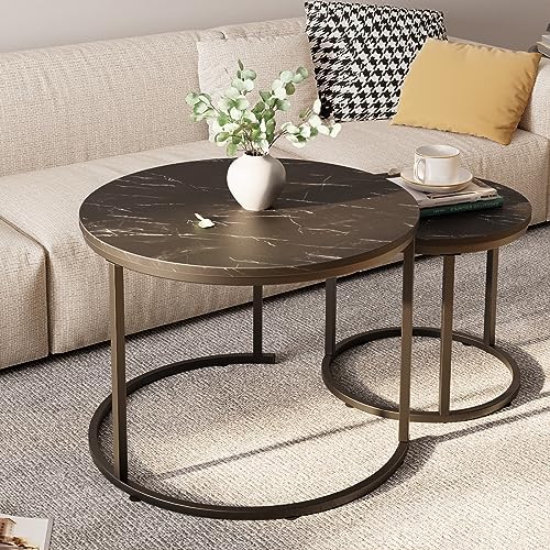 aboxoo Round Nesting Coffee Table Side Set of 2 End Tables for Living Room Be...