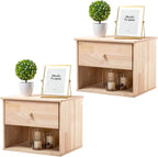 VINGLI Unfinished Natural Solid Wood Floating Nightstand for Bedroom Set of 2, Small Nightstand with Drawer & Open Shelf, Farmhouse Night Stand Wall-Mounted Bedside Table for Small Space Color DIY