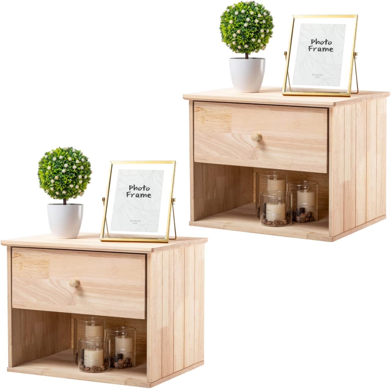VINGLI Unfinished Natural Solid Wood Floating Nightstand for Bedroom Set of 2, Small Nightstand with Drawer & Open Shelf, Farmhouse Night Stand Wall-Mounted Bedside Table for Small Space Color DIY
