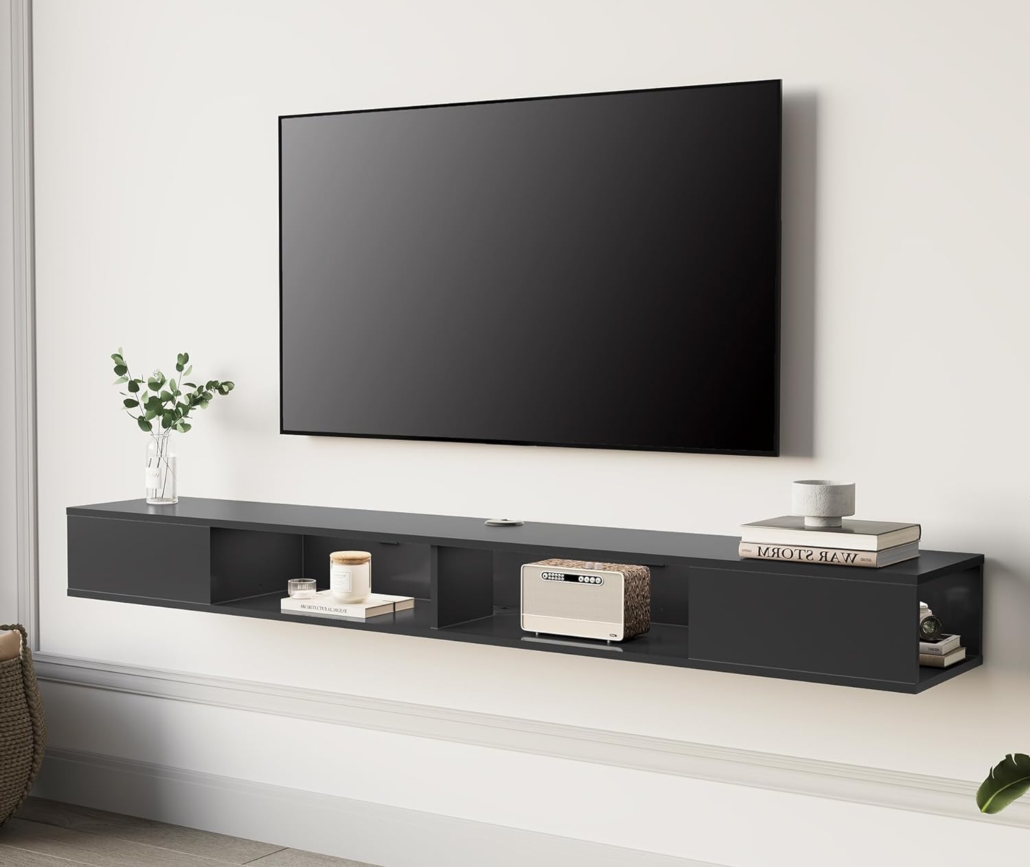 WAMPAT 70 inch Floating Entertainment Center, Black | For TVs Up to 75 inch, Open shelf Storage, Wall Shelf Under TV, Media Console, Living Room