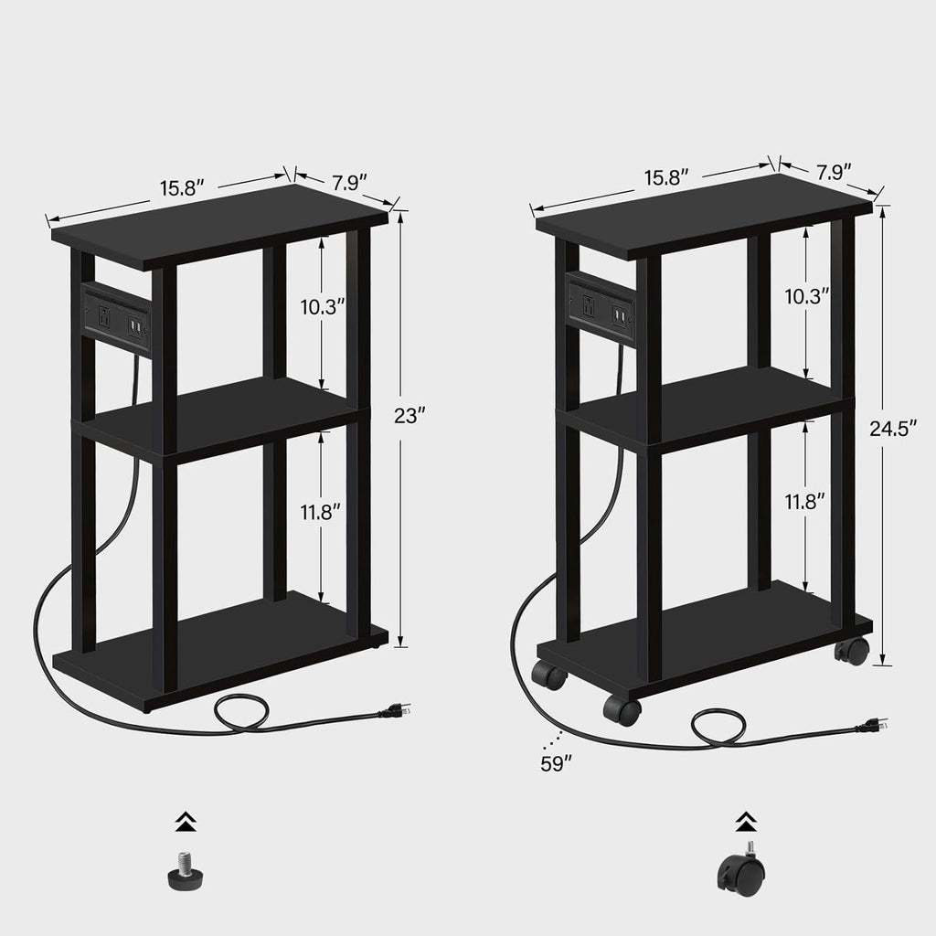 TUTOTAK Small Narrow Side Table with Charging Station, Set of 2 Skinny End Table for Small Spaces, Slim Nightstand with USB Ports and Outlet,Sofa Beside Table with Wheels, Black TB01BK047