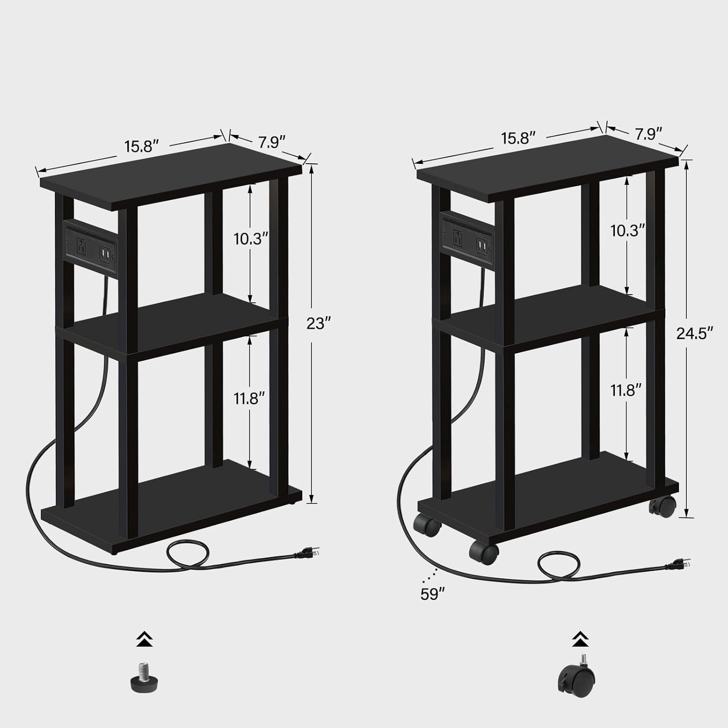 TUTOTAK Small Narrow Side Table with Charging Station, Skinny End Table for Small Spaces, Slim Nightstand with USB Ports and Outlet, Sofa Beside Table with Wheels, Black TB01BK046