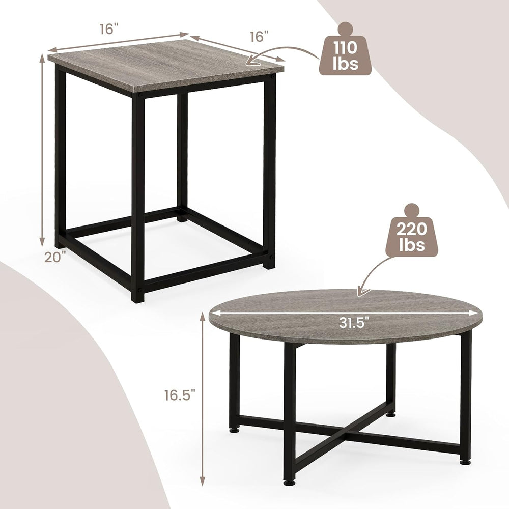 COSTWAY Coffee Table Set of 3, Wood Grain Round Coffee Table and 2 Square End...
