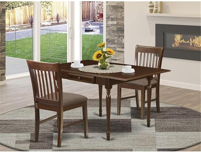 East West Furniture MZNO3-MAH-C 3 Piece Dinette Set for Small Spaces Contains a Rectangle Dining Table with Dropleaf and 2 Linen Fabric Dining Room Chairs, 36x54 Inch, Mahogany