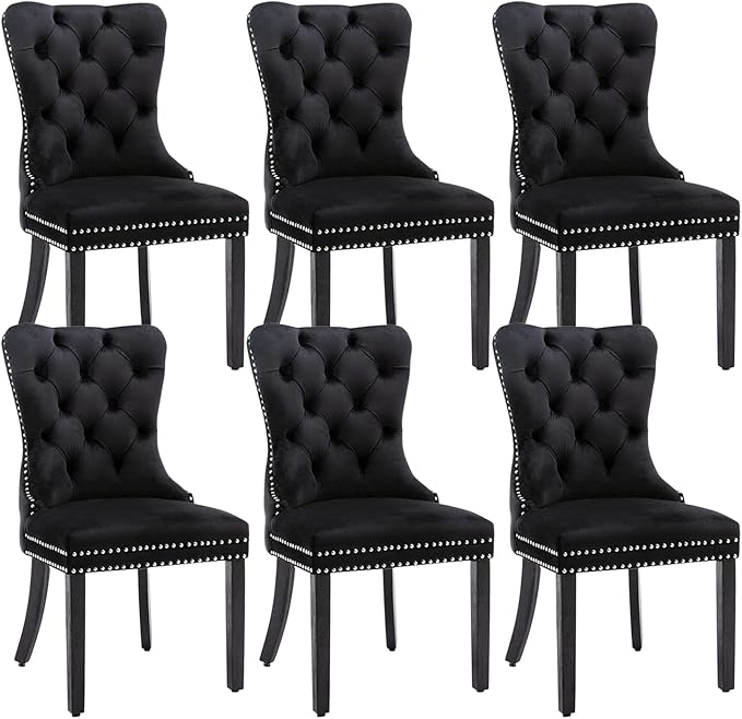 Velvet Dining Chairs Set of 6, Tufted Dining Room Chairs with Nailhead Ring P...