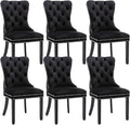 Velvet Dining Chairs Set of 6, Tufted Dining Room Chairs with Nailhead Ring Pull Trim, Upholstered Dining Chairs with Solid Wood Legs for Kitchen Dining Room, Sillas De Comedor (Black)