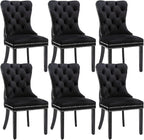 Velvet Dining Chairs Set of 6, Tufted Dining Room Chairs with Nailhead Ring Pull Trim, Upholstered Dining Chairs with Solid Wood Legs for Kitchen Dining Room, Sillas De Comedor (Black)