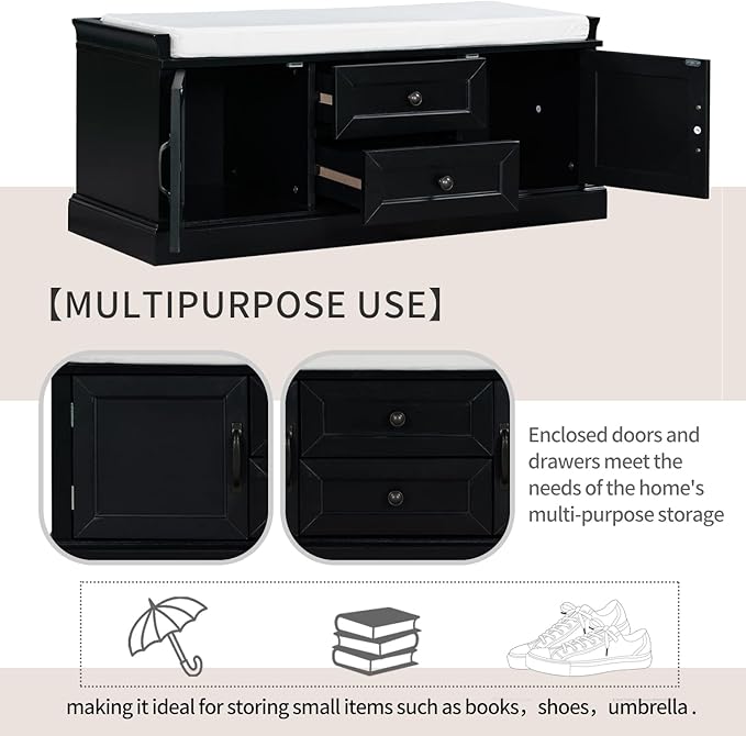42″ Storage Bench with 2 Drawers and 2 Cabinets，Multipurpose Entryway Shoe Rack W/Removable Cushion，for Living Room Hallway Porch,Black