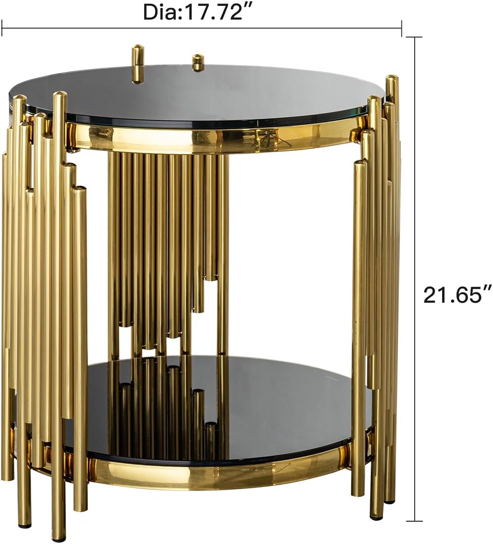 Set of 2 Modern Luxury 2-Tier Round End Tables, Black Tempered Glass Tops, Go...