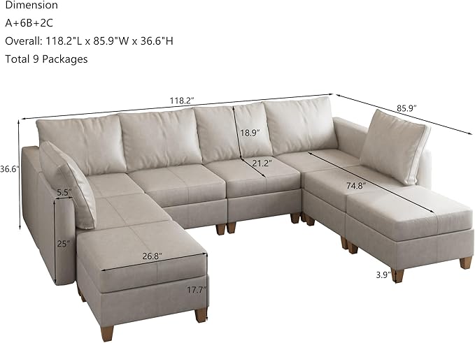 EASE MOOSE Modular Sofa Sectional Couch with Storage Ottomans,U Shaped Faux Leather Sectional Modular Couch