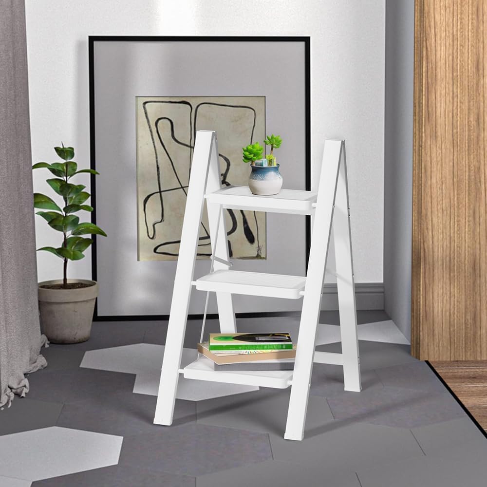 SOLADDER 3 Step Ladder, Folding Step Stool, Lightweight Stepladder, White