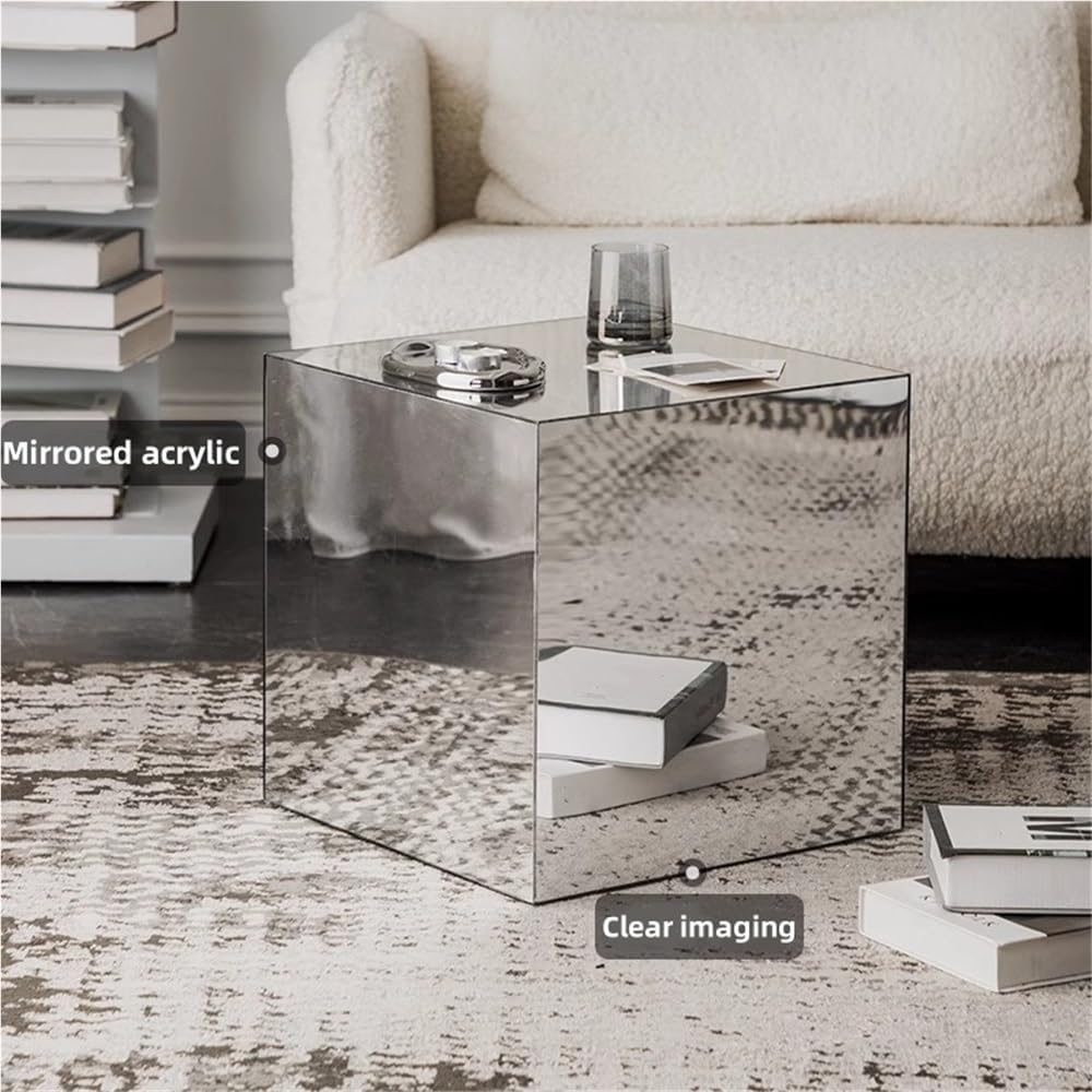Mirrored Acrylic Cube End Table, Modern Square Side Table, Light Small Accent...