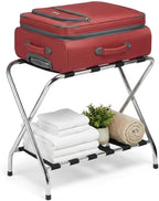 USTECH Double-Tier Luggage Rack – Foldable Suitcase Stand with Lower Shelf, Easy Assembly Metal Frame for Guest Room, Bedroom, Hotel, or Closet Storage