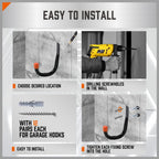 HORUSDY 6-Pack Heavy Duty Metal Wall Hooks, Large Garage Storage & Organization Hooks for Tools, Extension Cords, Ladders, and Bags, Wall Mount J Hooks for Indoor Outdoor Use, Black