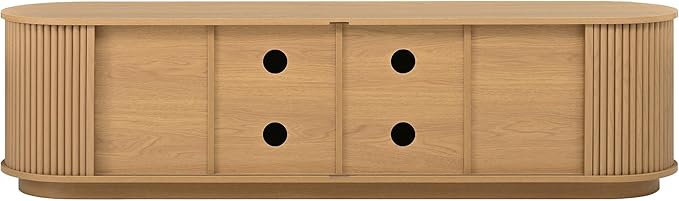 Farmhouse Wooden TV Stand with Sliding Tambour Door for TVs up to 75", Fluted Media Console with Adjustable Storage, Golden Handle TV Cabinet with Cable Holes for Living Room, Natural