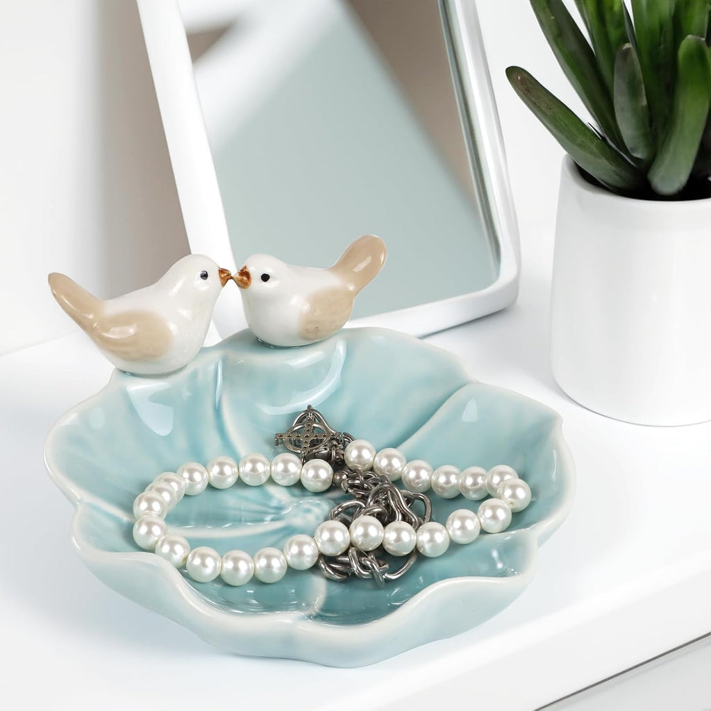Fordonral Ceramic Jewelry Tray Trinket Dish Decorative Cute Bird & Lotus Leaf Ring Holder Dish Aesthetic Room Vanity Decor (Blue)