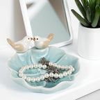 Fordonral Ceramic Jewelry Tray Trinket Dish Decorative Cute Bird & Lotus Leaf Ring Holder Dish Aesthetic Room Vanity Decor (Blue)