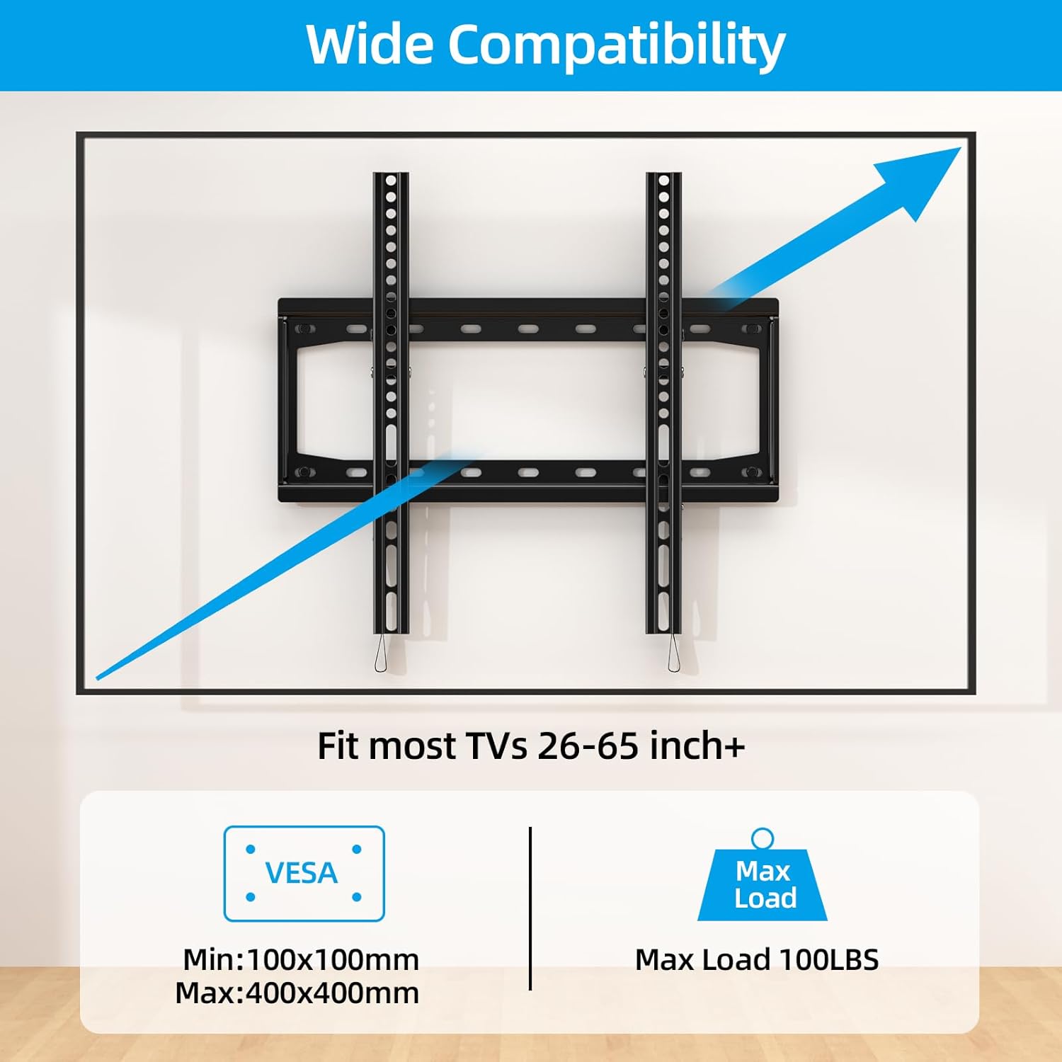 HOME VISION Tilt TV Wall Mount Bracket for 26-65 Inch Flat/Curved TVs, Max VESA 400X400mm, 100Lbs Capacity, Fits 8-16 Inch Wood Studs, Universal Low Profile, HV9401