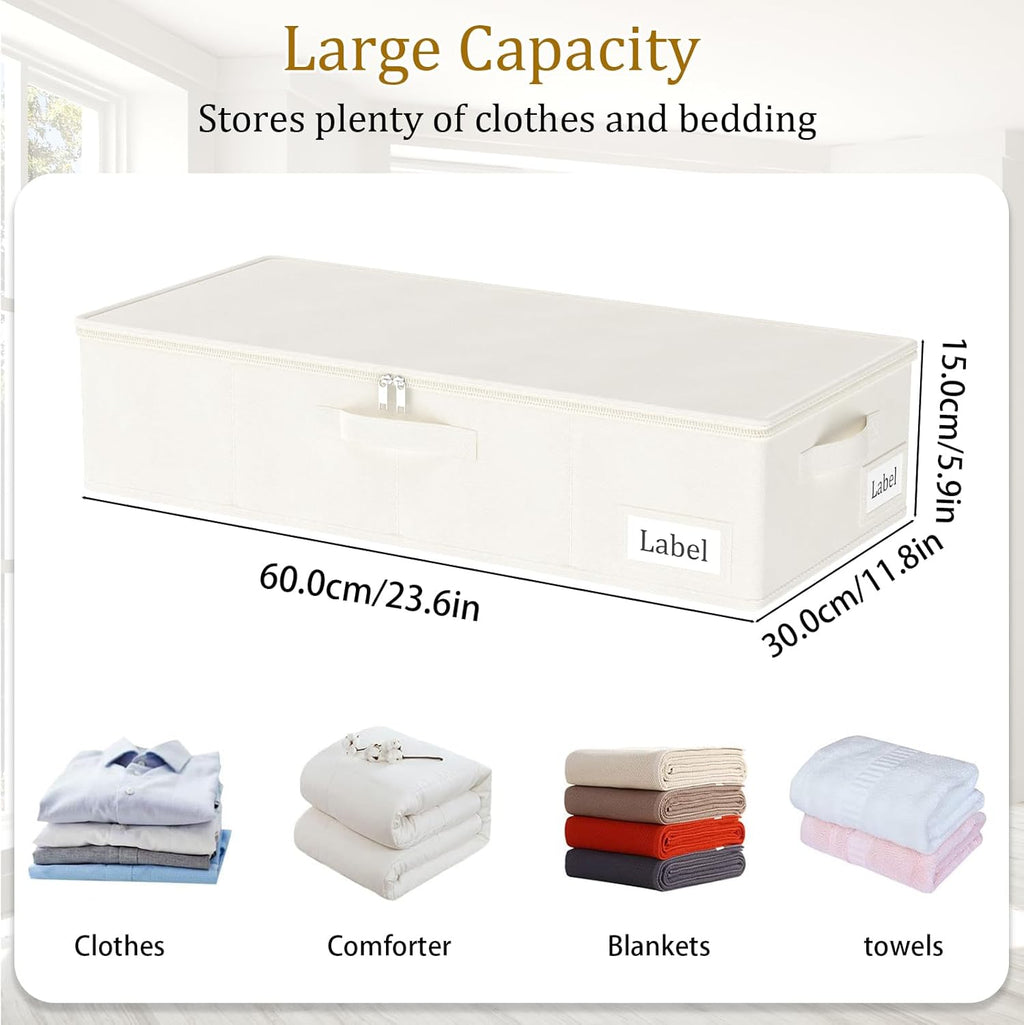 Yawinhe Underbed Bags, Storage Containers Bags with Lid, Foldable Blanket Bins, with Sturdy Zipper und Label Holders, for Clothing, 23.6''Lx11.8''Wx6''H, 2 Pack, Beige