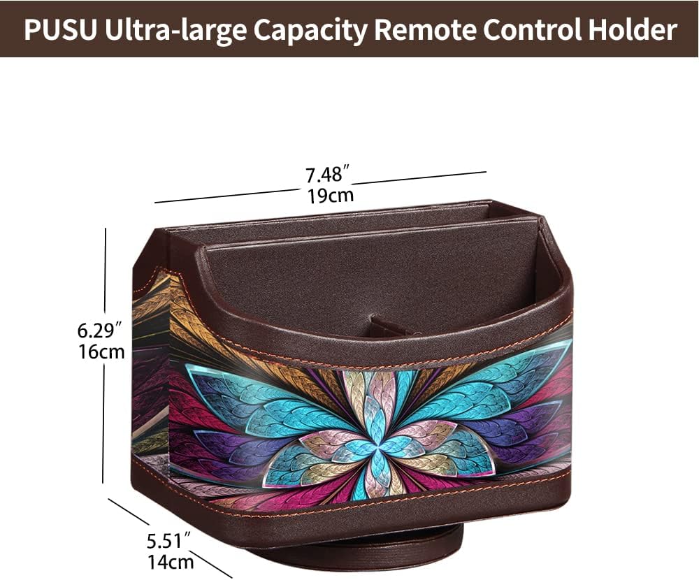 PUSU 360°Rotatable Remote Control Holder, PU Leather TV Remote Holder Caddy for Table, Bright and Colorful Art Supply Organizer Pen Holder, Multi-Functional Desk Organizer Living Room Office Decor