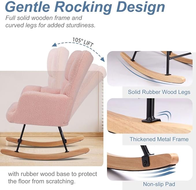 Nursery Rocking Chair, Boho Accent Ottoman, Teddy Upholstered Glider Rocker with High Backrest, Recliner Function and Foot Rest for Living Room, Small Spaces, Bedroom, Pink