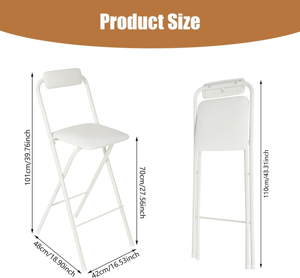 Folding Bar Stool with Backrest, 27.56" Counter Height Portable Cushioned Stool, Metal Frame Tall Chair for Kitchen Island Dining Room Cafe Dessert Shop 1 PCS Easy Storage (White)