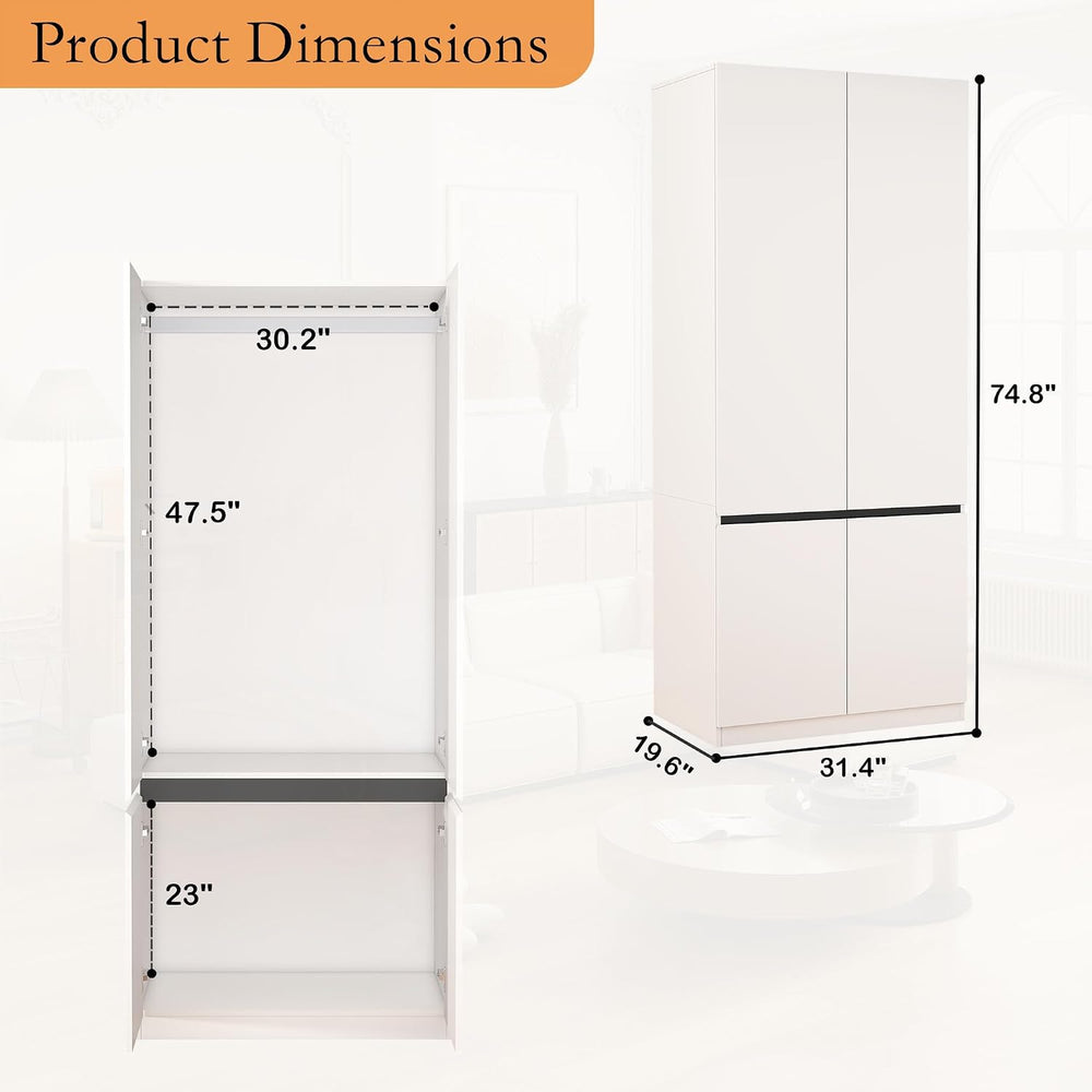 Armoire Wardrobe Closet with Drawers：75" Large White Wardrobe Closet Cab...